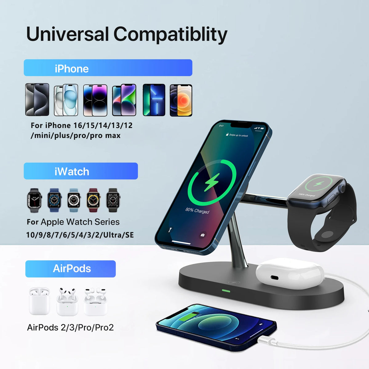 3-in-1 Magnetic Wireless Charging Stand for Apple