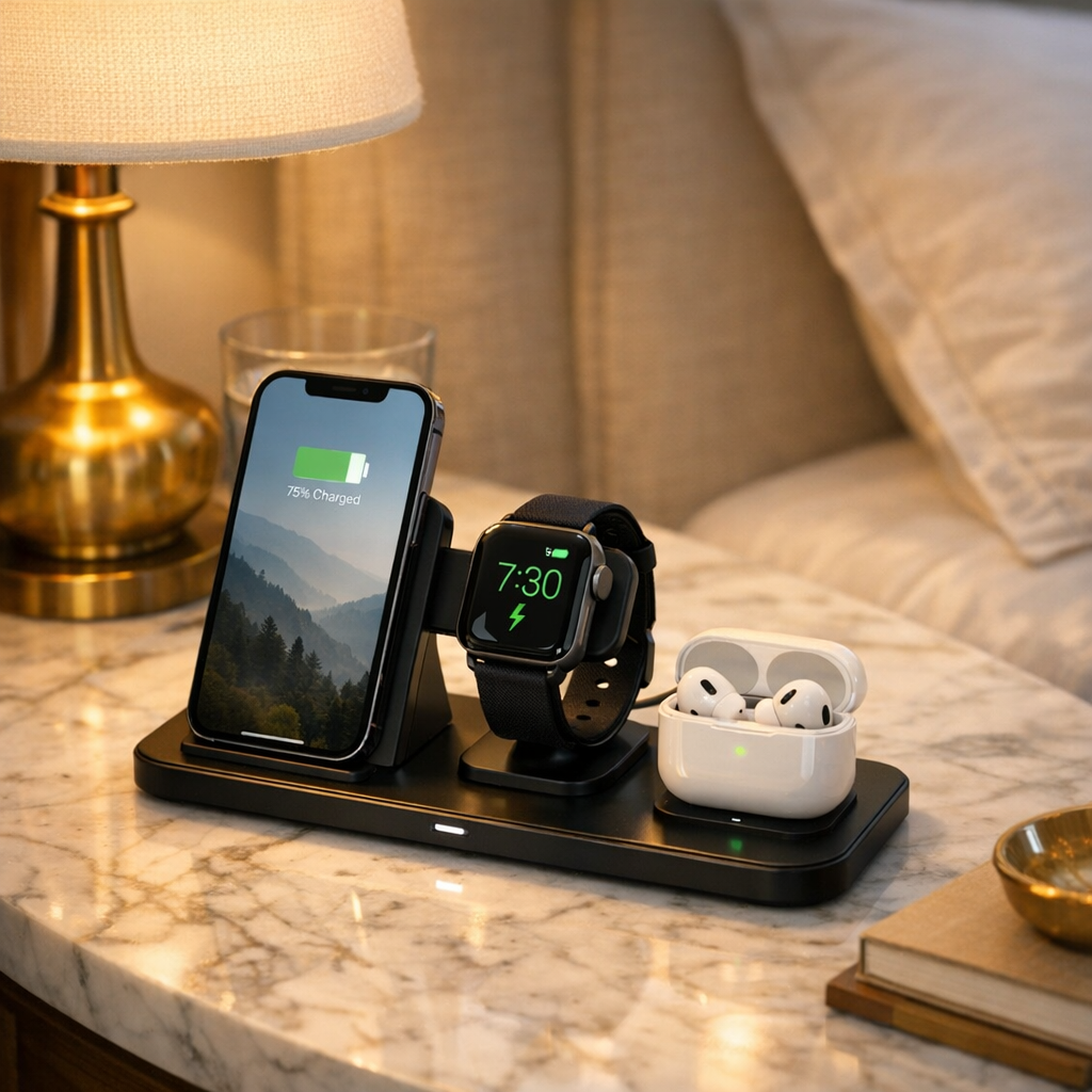Station de Charge Rapide 3-en-1 – L'Élégance Minimaliste pour vos Appareils