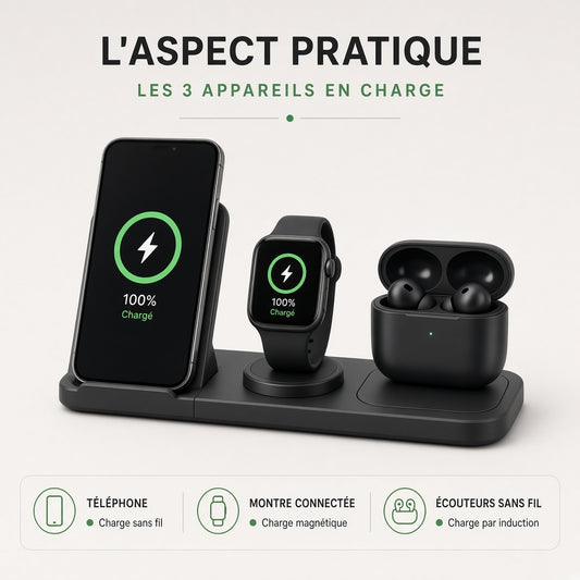 Station de Charge Rapide 3-en-1 – L'Élégance Minimaliste pour vos Appareils